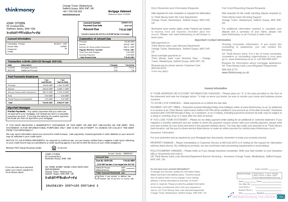 Download United Kingdom Think Money bank mortgage statement in Word and PDF formats Photoshop template